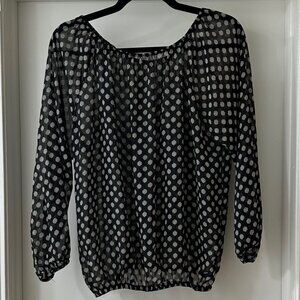 William B Black & White Polka Dot Sheer Top with Balloon Sleeves, Size L